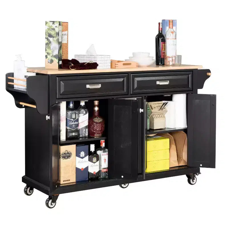 Okak Kitchen Island con Contenitore e Piano in Legno di Gomma, Carrello da Cucina a 5 Ruote con Ampio Spazio di Archiviazione, Organizzatore da Tavolo per Sala da Pranzo