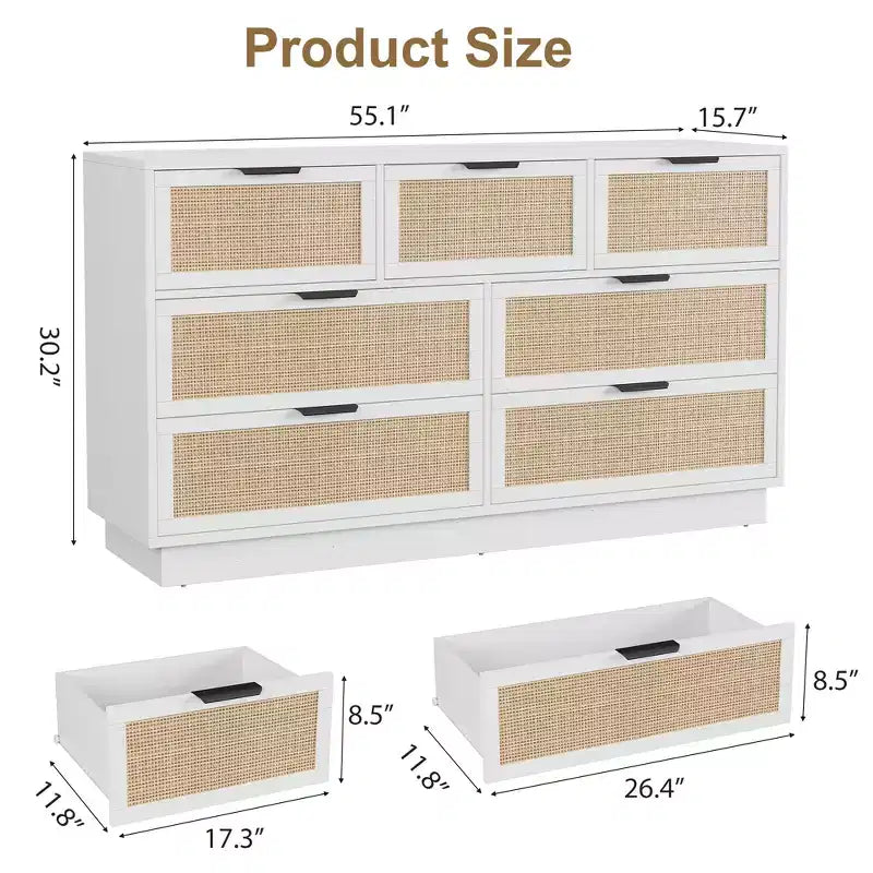 Comodino in Rattan a 7 Cassetti, 140cm Largo, Bianco 7 Cassetti con Maniglie in Metallo e Base Robusta in Legno per Camera da Letto, Soggiorno, Cameretta, Armadio