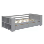 Struttura letto a giorno in legno per letto singolo con cassetti portaoggetti, struttura letto singolo con ripiani portaoggetti per bambini e bambine