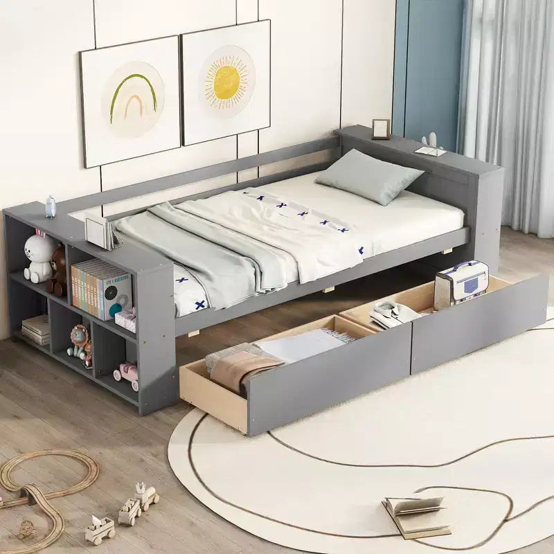 Struttura letto a giorno in legno per letto singolo con cassetti portaoggetti, struttura letto singolo con ripiani portaoggetti per bambini e bambine