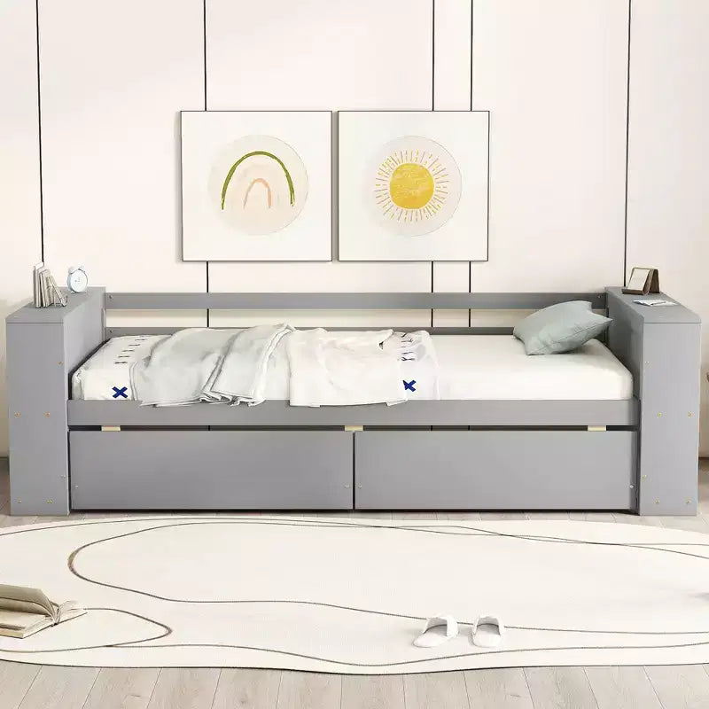 Struttura letto a giorno in legno per letto singolo con cassetti portaoggetti, struttura letto singolo con ripiani portaoggetti per bambini e bambine
