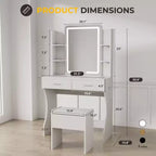 Coiffeuse con Specchio Illuminato a LED, Scrivania da Trucco con 3 Luci Regolabili, Coiffeuse Bianca con Sgabello Contenitore per Camera da Letto