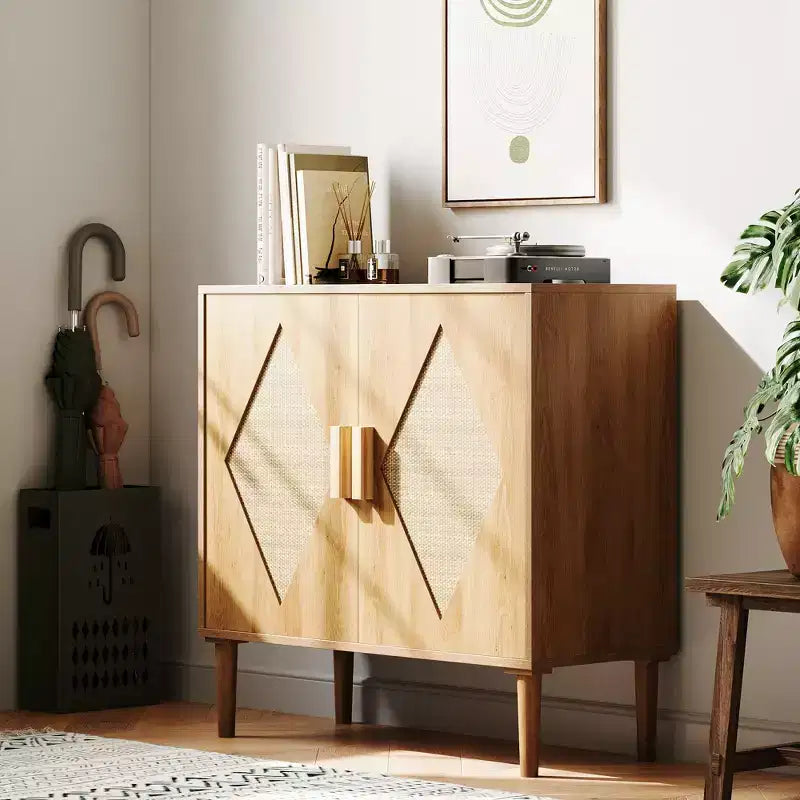 Mobile Contenitore con Ante in Rattan, Credenza con Spazio di Archiviazione, Armadio Multifunzionale con Ripiani Interni Regolabili per Soggiorno, Ingresso, Naturale