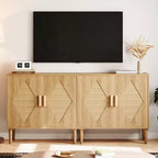 Mobile Contenitore con Ante in Rattan, Credenza con Spazio di Archiviazione, Armadio Multifunzionale con Ripiani Interni Regolabili per Soggiorno, Ingresso, Naturale