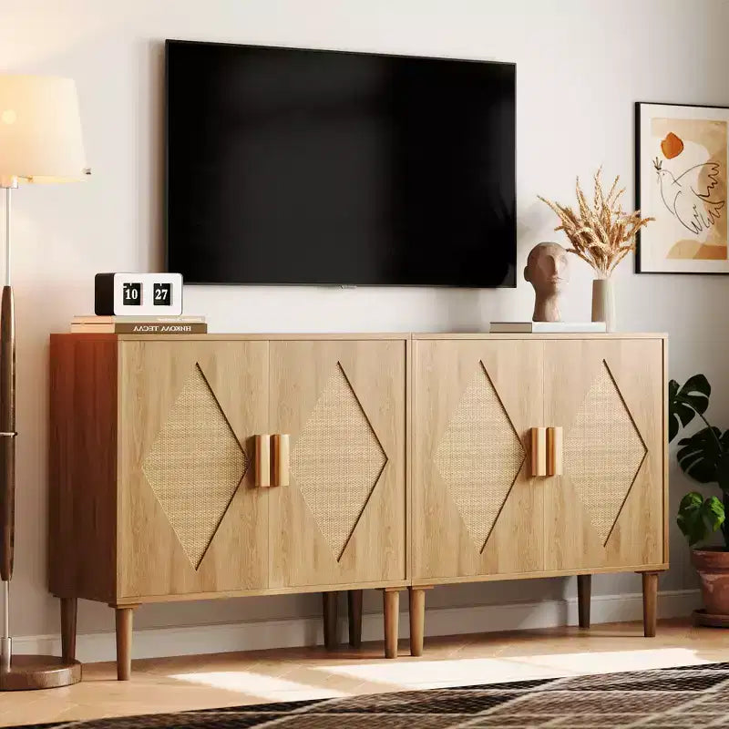Mobile Contenitore con Ante in Rattan, Credenza con Spazio di Archiviazione, Armadio Multifunzionale con Ripiani Interni Regolabili per Soggiorno, Ingresso, Naturale