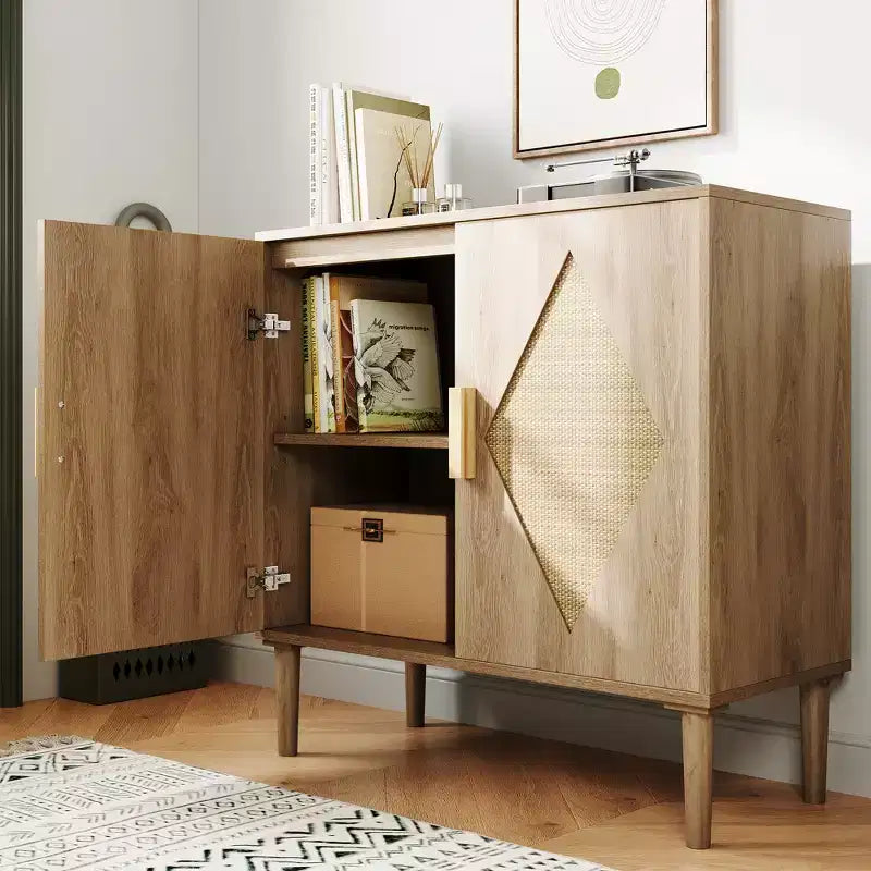 Mobile Contenitore con Ante in Rattan, Credenza con Spazio di Archiviazione, Armadio Multifunzionale con Ripiani Interni Regolabili per Soggiorno, Ingresso, Naturale