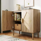 Mobile Contenitore con Ante in Rattan, Credenza con Spazio di Archiviazione, Armadio Multifunzionale con Ripiani Interni Regolabili per Soggiorno, Ingresso, Naturale