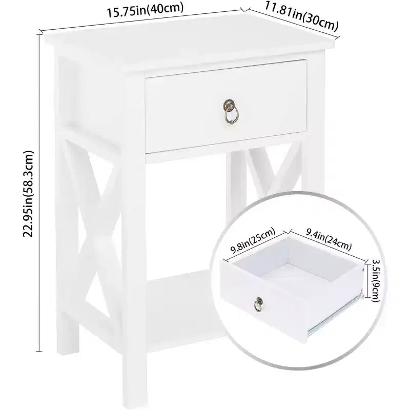 Comodino bianco Bonnlo, comodino piccolo con cassetto e ripiano