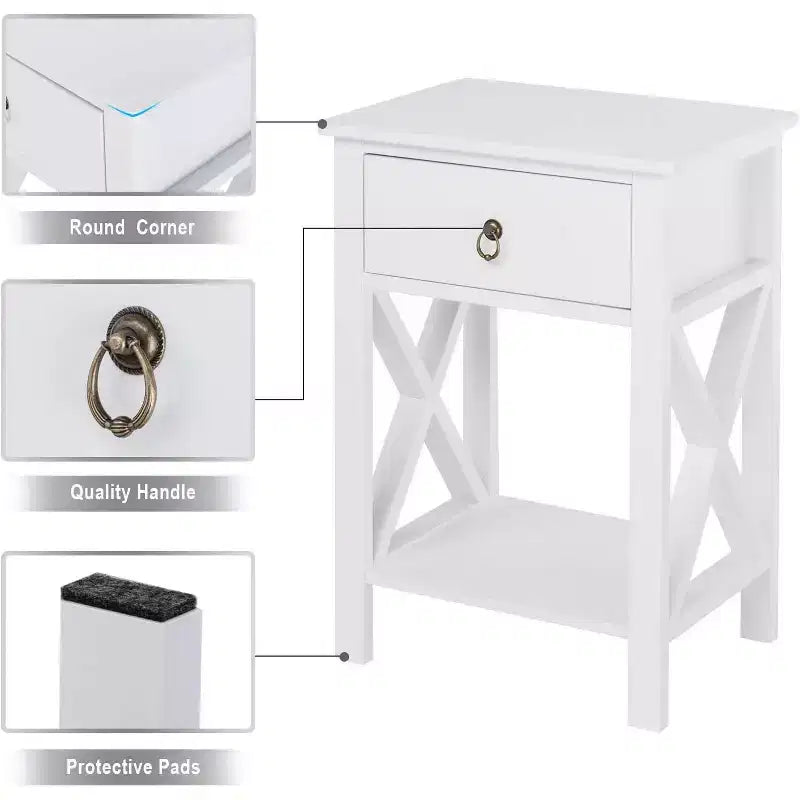 Comodino bianco Bonnlo, comodino piccolo con cassetto e ripiano