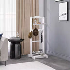 Porta abiti da terra moderno, robusto e durevole, con ripiano superiore e ganci in legno, adatto per camere da letto e ingressi.