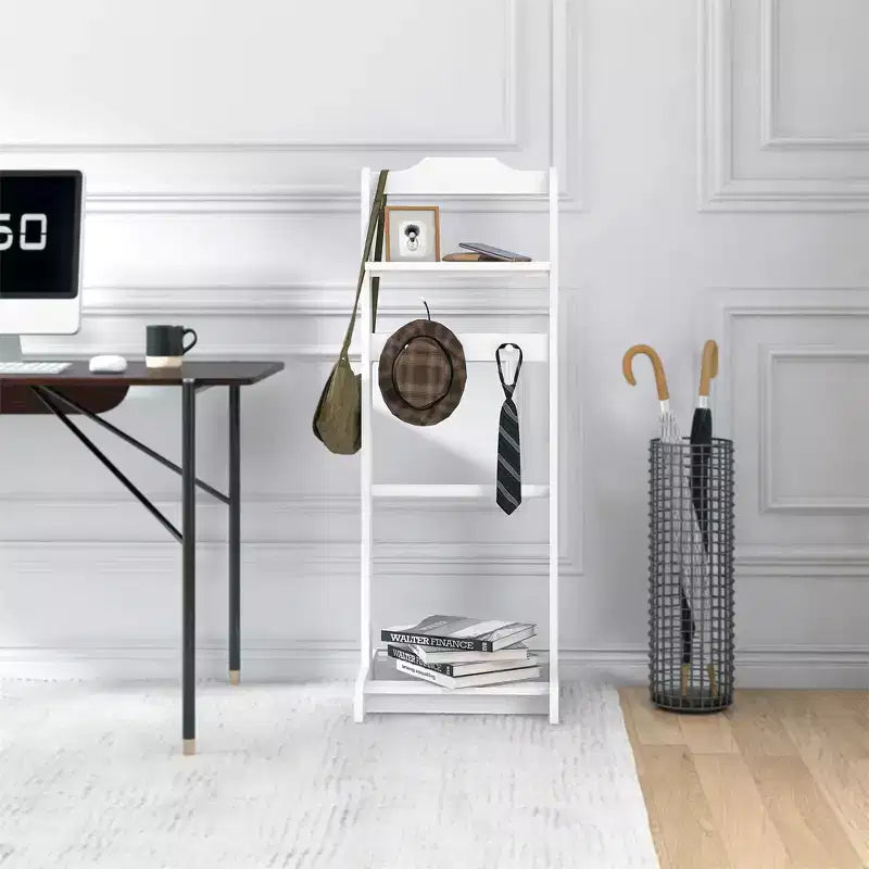 Porta abiti da terra moderno, robusto e durevole, con ripiano superiore e ganci in legno, adatto per camere da letto e ingressi.