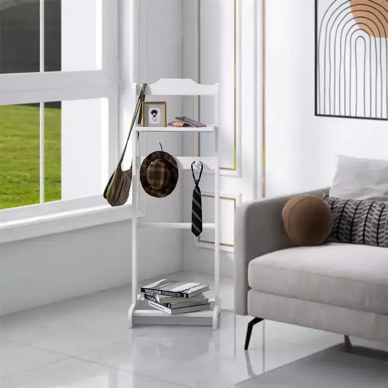 Porta abiti da terra moderno, robusto e durevole, con ripiano superiore e ganci in legno, adatto per camere da letto e ingressi.
