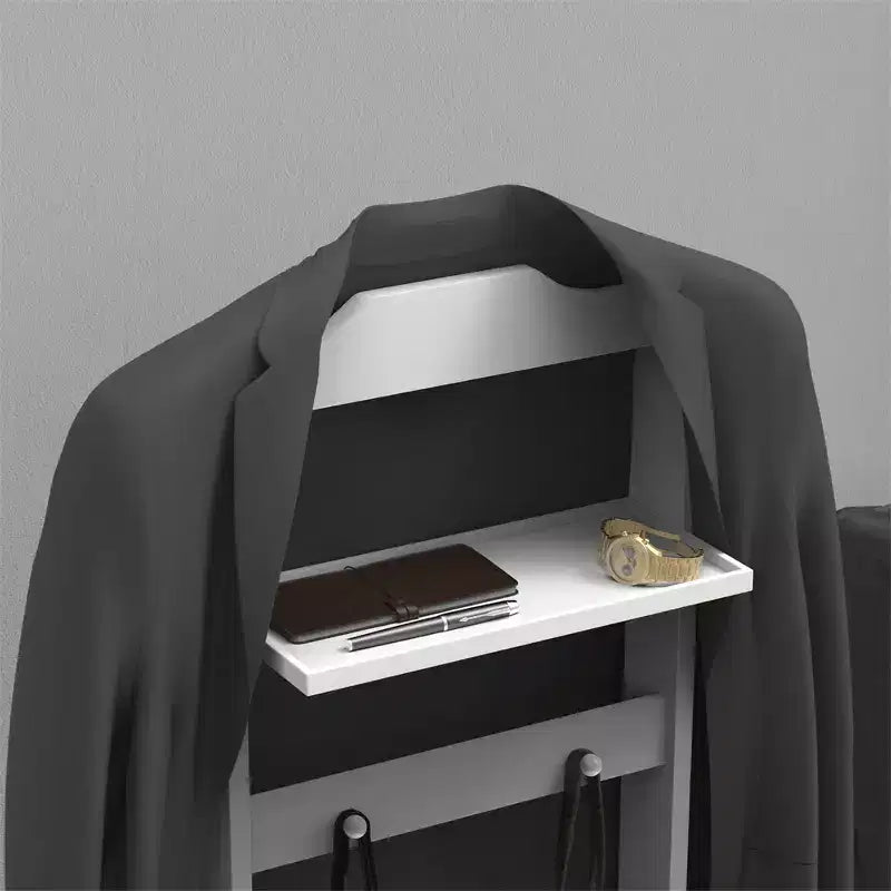 Porta abiti da terra moderno, robusto e durevole, con ripiano superiore e ganci in legno, adatto per camere da letto e ingressi.