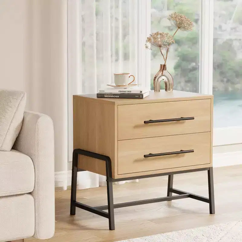 Comodino moderno di metà secolo con 2 cassetti, comodino, comodino in legno chiaro e gambe in metallo per camera da letto, soggiorno, legno chiaro