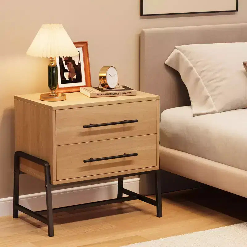 Comodino moderno di metà secolo con 2 cassetti, comodino, comodino in legno chiaro e gambe in metallo per camera da letto, soggiorno, legno chiaro