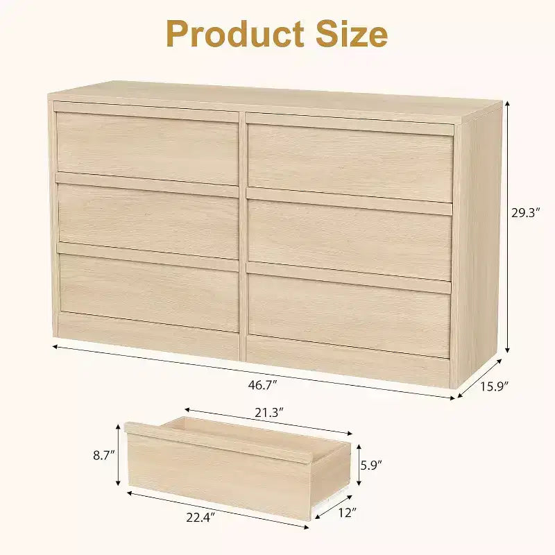 Cassettiera a 6 cassetti per camera da letto, 117 cm di larghezza, in rovere naturale, con 6 cassetti e ampio spazio di archiviazione