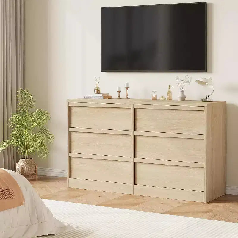 Cassettiera a 6 cassetti per camera da letto, 117 cm di larghezza, in rovere naturale, con 6 cassetti e ampio spazio di archiviazione