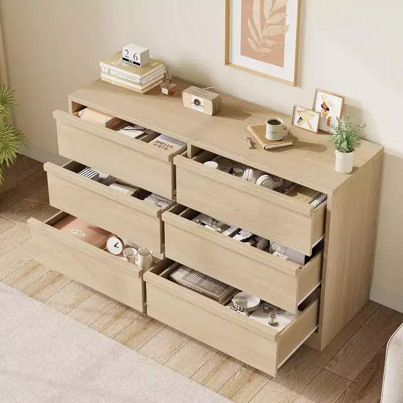 Cassettiera a 6 cassetti per camera da letto, 117 cm di larghezza, in rovere naturale, con 6 cassetti e ampio spazio di archiviazione