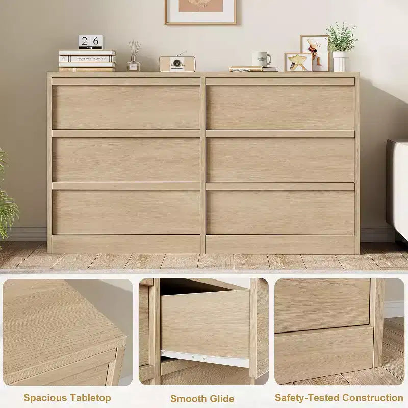 Cassettiera a 6 cassetti per camera da letto, 117 cm di larghezza, in rovere naturale, con 6 cassetti e ampio spazio di archiviazione