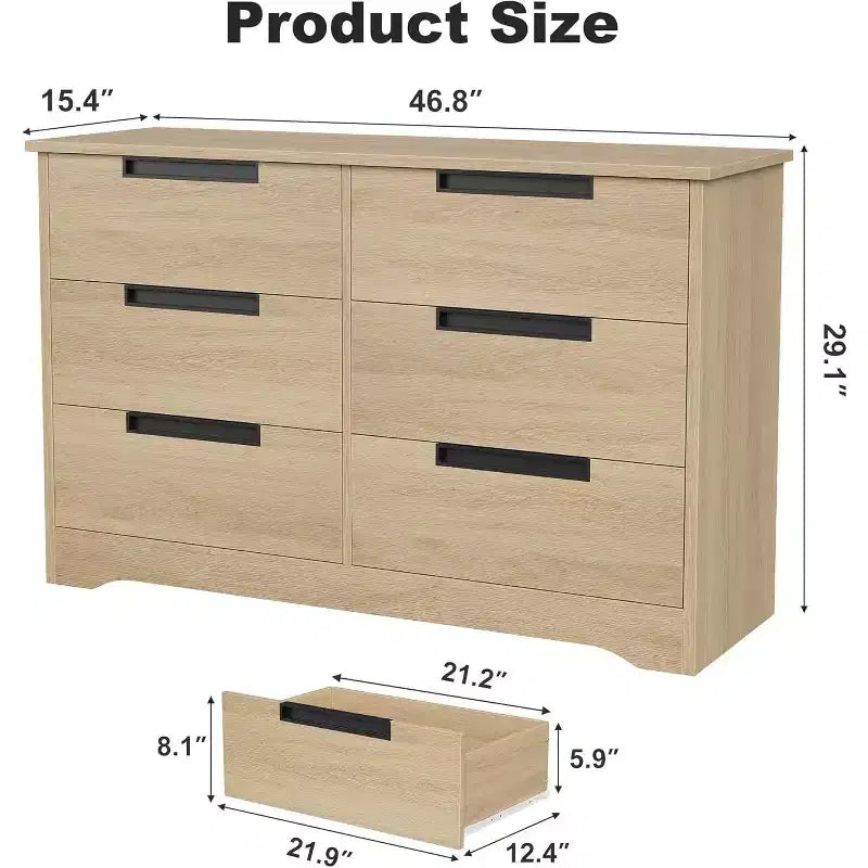 Cassettiera a 6 cassetti, organizer moderno naturale con maniglie integrate per la camera da letto