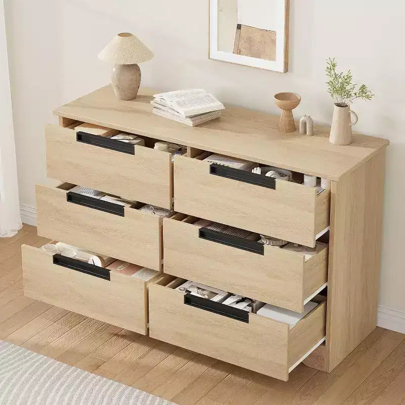 Cassettiera a 6 cassetti, organizer moderno naturale con maniglie integrate per la camera da letto