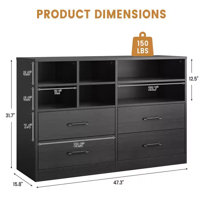 Cassettiera a 4 cassetti, organizer multi-spazio per camera da letto, mobiletto con 6 scomparti, cassettiera moderna e porta TV, soggiorno, nero