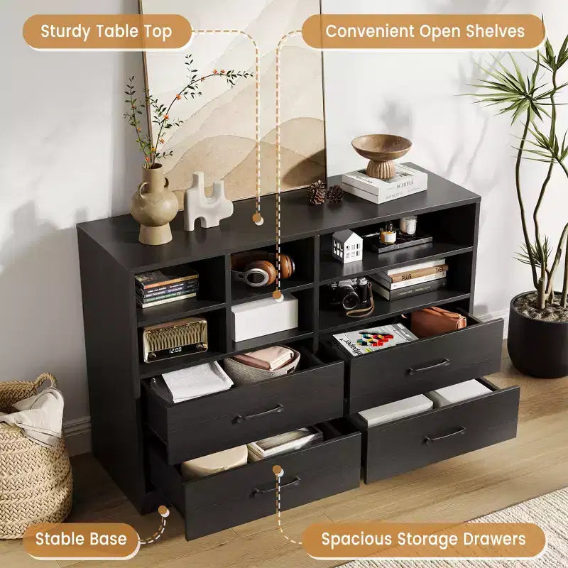 Cassettiera a 4 cassetti, organizer multi-spazio per camera da letto, mobiletto con 6 scomparti, cassettiera moderna e porta TV, soggiorno, nero