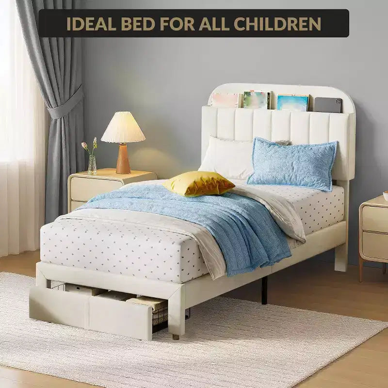 Acekool Struttura Letto Singolo per Bambini con Piattaforma Imbottita, Ampio Cassetto Contenitore e Testiera con Libreria, Silenzioso e Facile da Montare, Beige