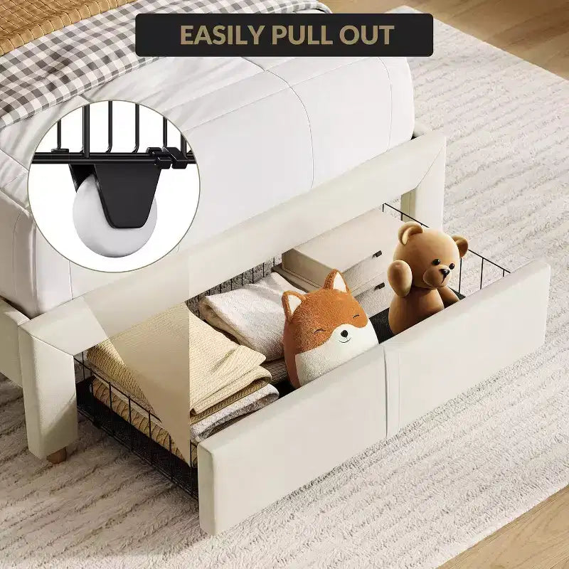 Acekool Struttura Letto Singolo per Bambini con Piattaforma Imbottita, Ampio Cassetto Contenitore e Testiera con Libreria, Silenzioso e Facile da Montare, Beige