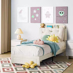 Acekool Struttura Letto Singolo per Bambini con Piattaforma Imbottita, Ampio Cassetto Contenitore e Testiera con Libreria, Silenzioso e Facile da Montare, Beige