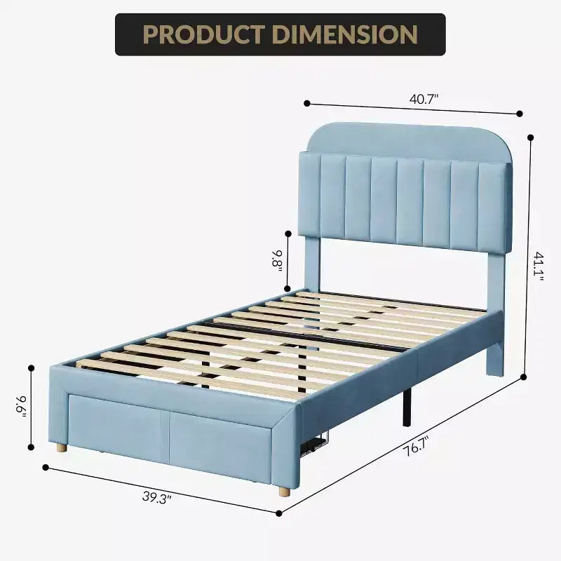 Acekool Struttura Letto Singolo per Bambini con Piattaforma Imbottita, Ampio Cassetto Contenitore e Testiera con Libreria, Silenzioso e Facile da Montare, Beige