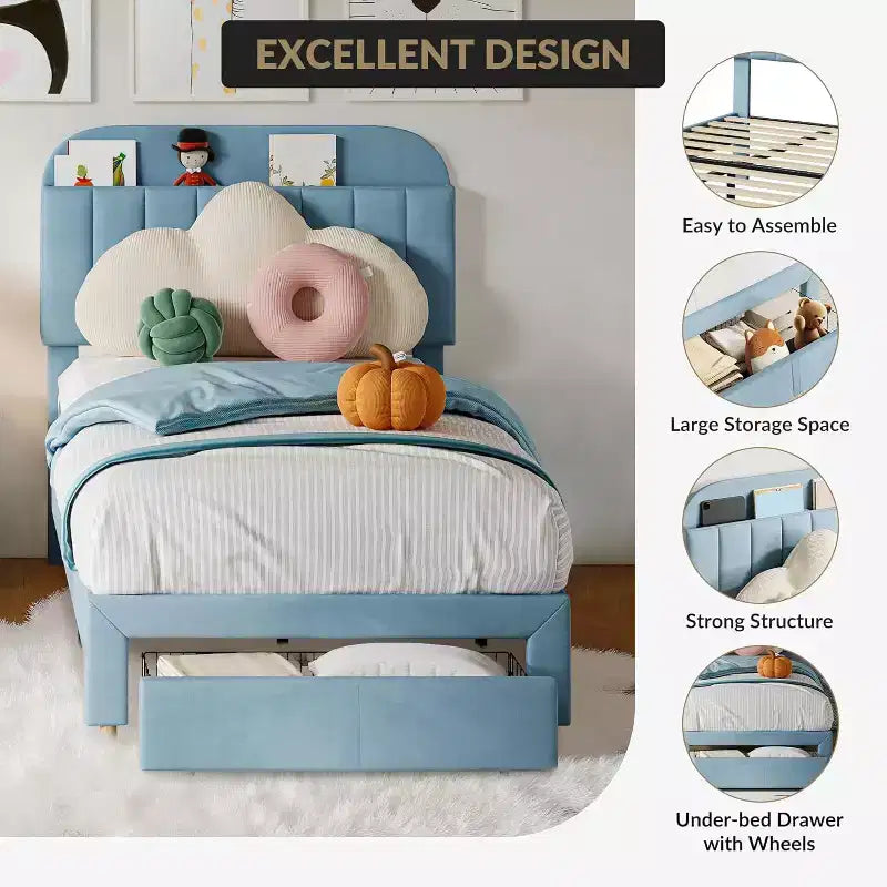 Acekool Struttura Letto Singolo per Bambini con Piattaforma Imbottita, Ampio Cassetto Contenitore e Testiera con Libreria, Silenzioso e Facile da Montare, Beige