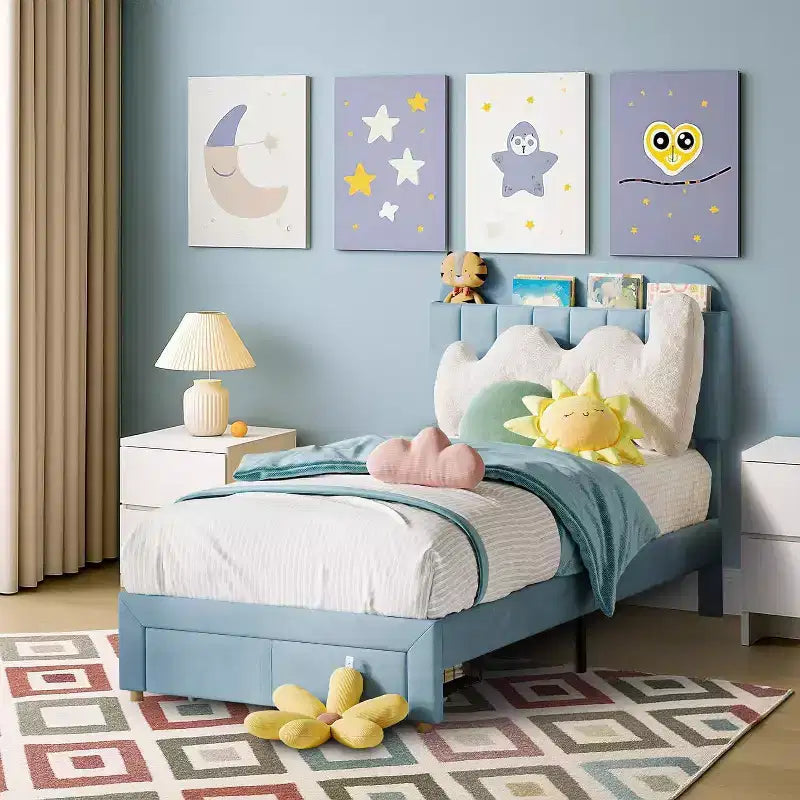 Acekool Struttura Letto Singolo per Bambini con Piattaforma Imbottita, Ampio Cassetto Contenitore e Testiera con Libreria, Silenzioso e Facile da Montare, Beige