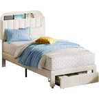 Acekool Struttura Letto Singolo per Bambini con Piattaforma Imbottita, Ampio Cassetto Contenitore e Testiera con Libreria, Silenzioso e Facile da Montare, Beige