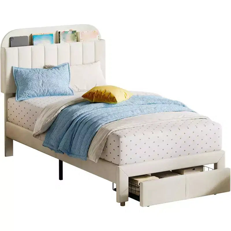 Acekool Struttura Letto Singolo per Bambini con Piattaforma Imbottita, Ampio Cassetto Contenitore e Testiera con Libreria, Silenzioso e Facile da Montare, Beige
