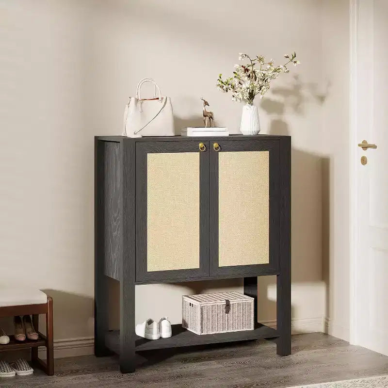 Scarpiera Acekool in Rattan, Porta Scarpe alto 101 cm con Ripiani Regolabili e Ripiano Aperto per l'Ingresso, Rovere Grigio