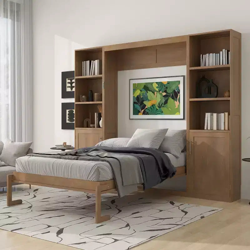 Queen Size Wooden Murphy Bed with Storage Shelves & Cabinets, Foldable Wall Bed, Natural - ModernLuxe
