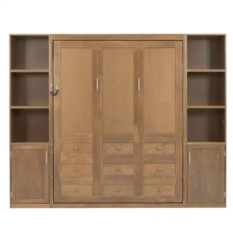 Letto a scomparsa matrimoniale in legno con mensole e armadietti, letto a muro pieghevole, naturale - ModernLuxe