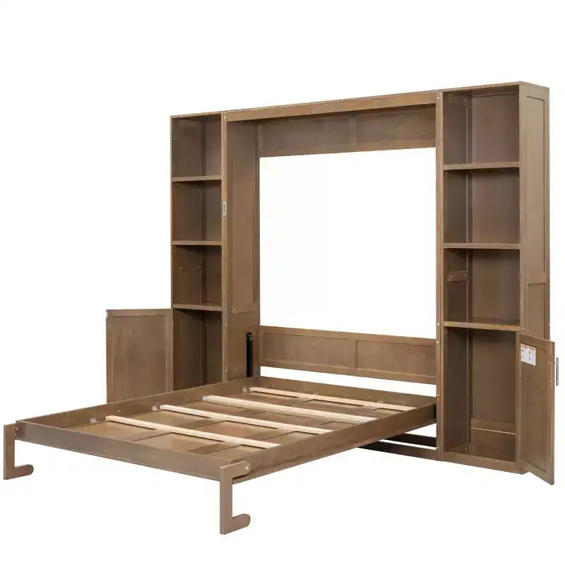 Letto a scomparsa matrimoniale in legno con mensole e armadietti, letto a muro pieghevole, naturale - ModernLuxe