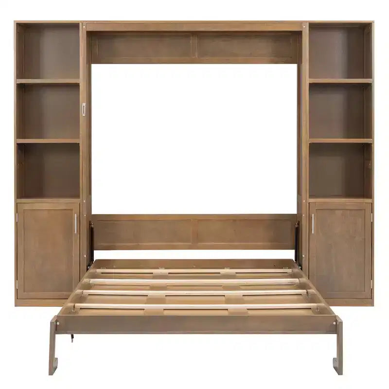 Letto a scomparsa matrimoniale in legno con mensole e armadietti, letto a muro pieghevole, naturale - ModernLuxe