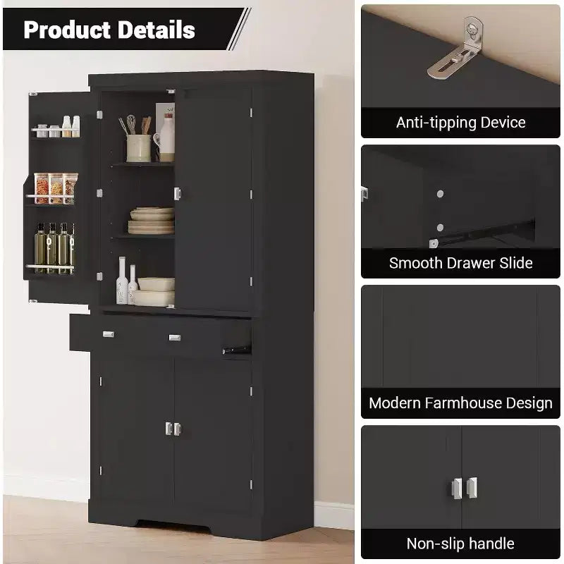 Mobile dispensa da 72 pollici, armadietto da cucina salvaspazio in legno con cassetto