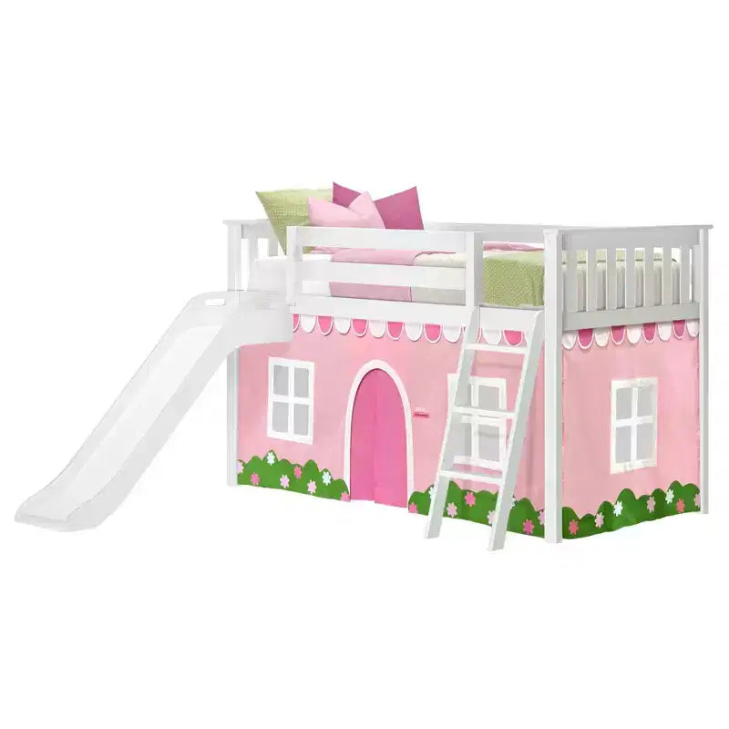 Letto a soppalco basso singolo con scivolo facile e tenda a casetta rosa chiaro e bianca