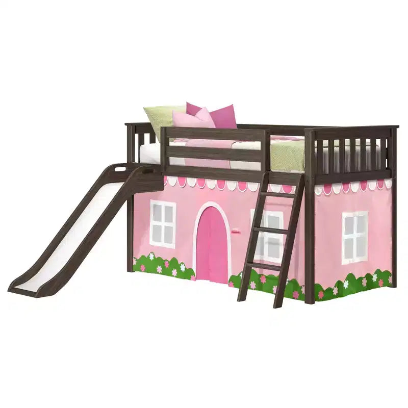 Letto a soppalco basso singolo con scivolo facile e tenda a casetta rosa chiaro e bianca