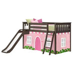 Letto a soppalco basso singolo con scivolo facile e tenda a casetta rosa chiaro e bianca