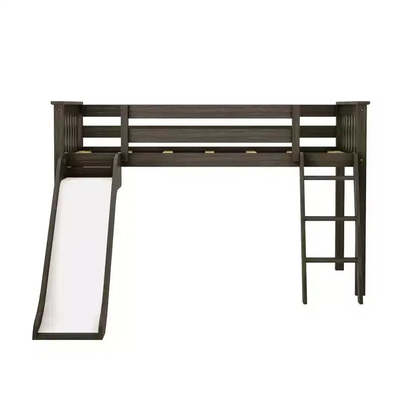 Letto a soppalco basso singolo con scivolo facile e tenda a casetta rosa chiaro e bianca