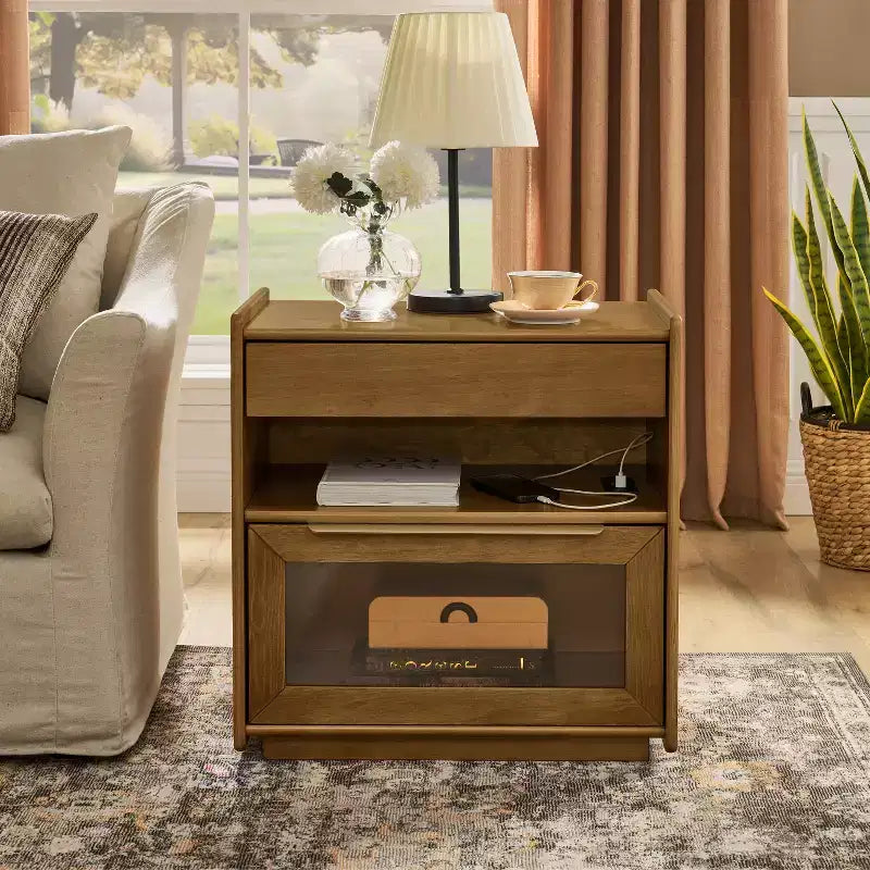 Cassettiera da trucco con ripiani aperti e cassetti in vetro, con dock di ricarica, presa e 2 cassetti; mobile laterale per soggiorno/sala ricevimento/dormitorio.