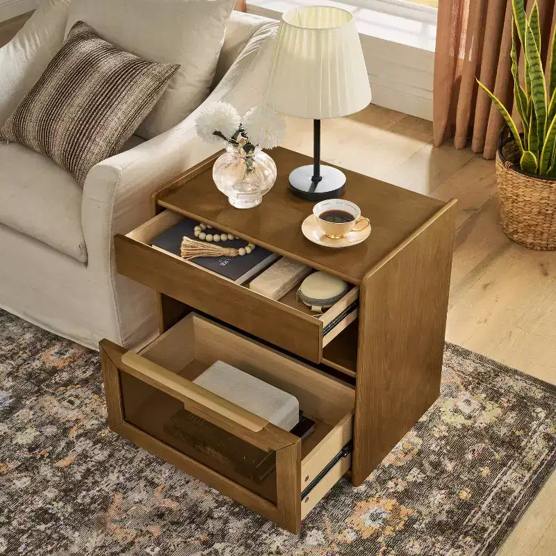 Cassettiera da trucco con ripiani aperti e cassetti in vetro, con dock di ricarica, presa e 2 cassetti; mobile laterale per soggiorno/sala ricevimento/dormitorio.