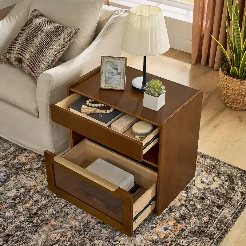 Cassettiera da trucco con ripiani aperti e cassetti in vetro, con dock di ricarica, presa e 2 cassetti; mobile laterale per soggiorno/sala ricevimento/dormitorio.