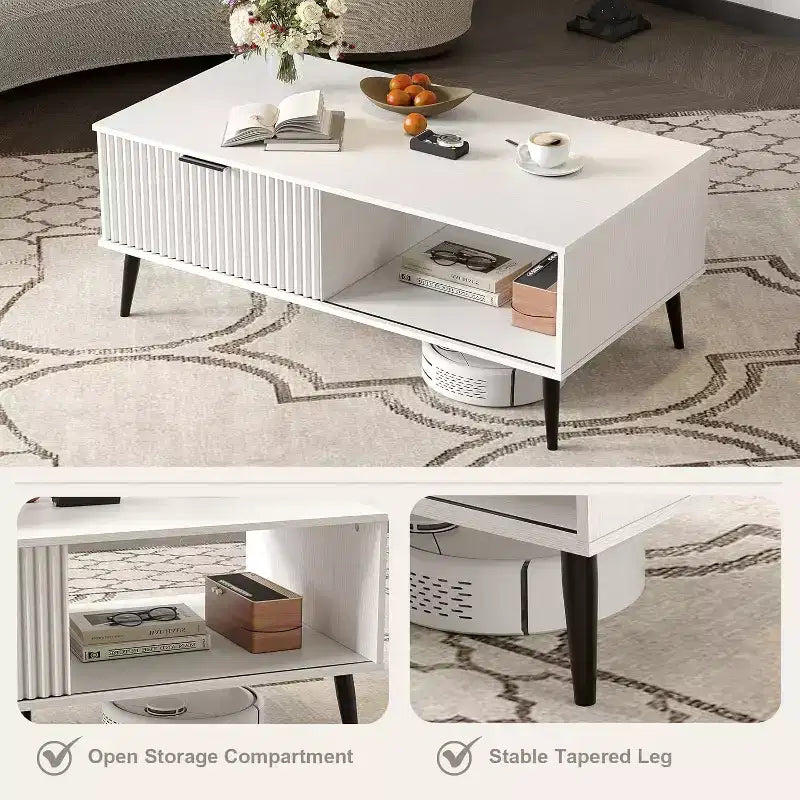 Tavolino da Salotto, Tavolino da Caffè in Legno con Mobile Contenitore, Design a Due Livelli, Anta Scorrevole