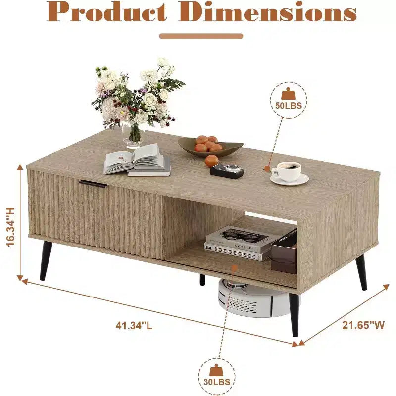 Tavolino da Salotto, Tavolino da Caffè in Legno con Mobile Contenitore, Design a Due Livelli, Anta Scorrevole